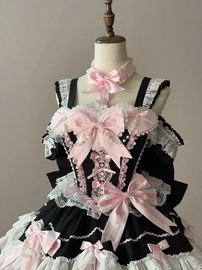 Pink Old Waist Bow Lolita Accents School and Sweet Boned Dress Black