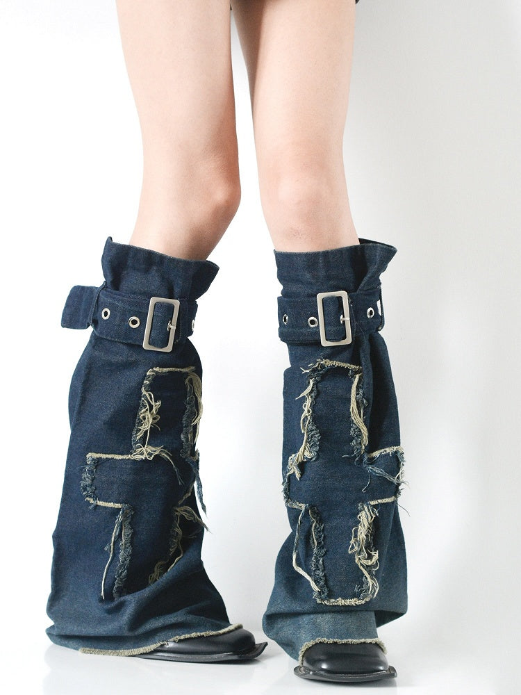 Denim Dark Applique Distressed Straps with Warmers Leg Blue Buckle Cross Y2K