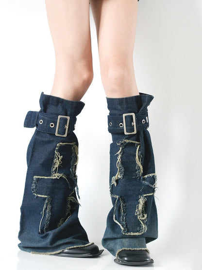 Denim Dark Applique Distressed Straps with Warmers Leg Blue Buckle Cross Y2K