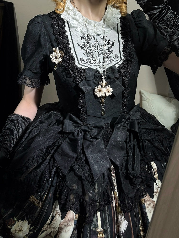 Lily and Puppet Doll Print Black Dark Gothic Lolita Short Sleeves Dress