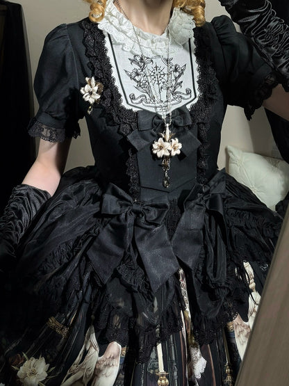 Lily and Puppet Doll Print Black Dark Gothic Lolita Short Sleeves Dress