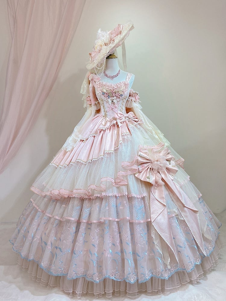 Hanayome Pink Corset Waist Hime Lolita Floor Length Dress Long Version with Floral Embroidery Layered Hem | Lukemi