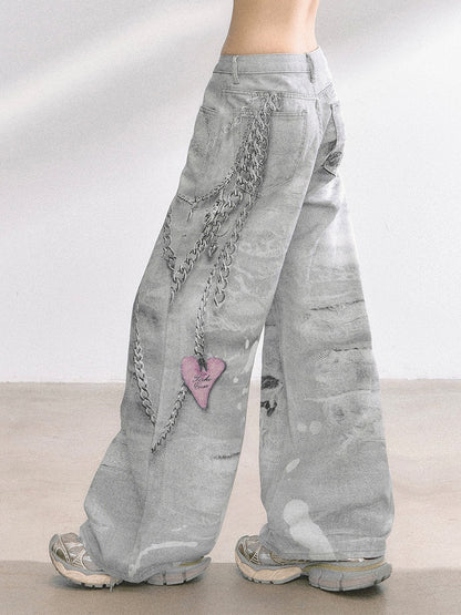 Hellgraue Jeans mit weitem Bein und niedriger Taille und Kettenmuster im Used-Look