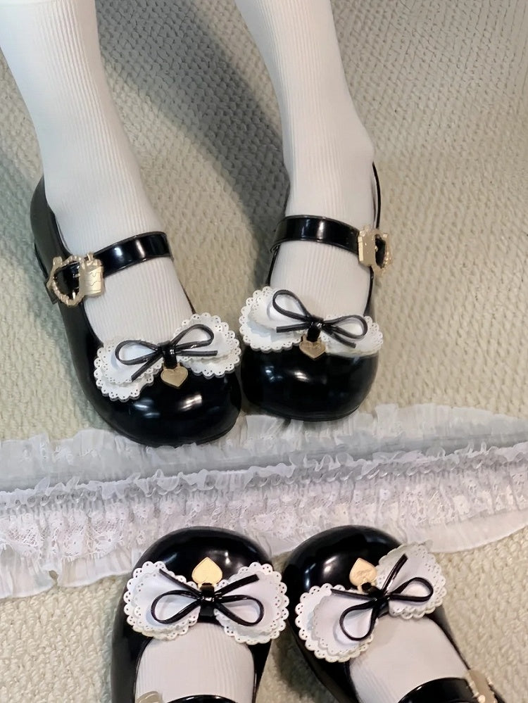 Sweet Black Heart Bow Low-Heel Cake Shoes Lolita Buckle with Multilayer Accent
