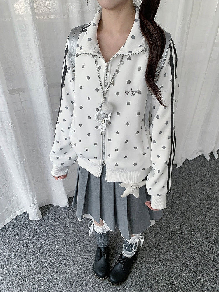 White Y2K Polka-Dot Zip-Up Jacket with Stand Collar & Striped Accents - Solkatt