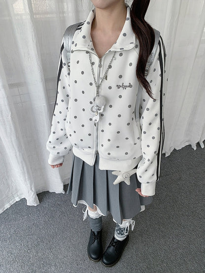 White Y2K Polka-Dot Zip-Up Jacket with Stand Collar & Striped Accents - Solkatt