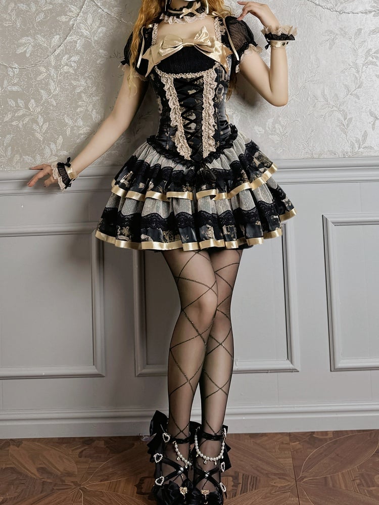Print Puff Kurzes Goldkleid Korsett Bunny Lolita und schwarze Kitty-Ärmel