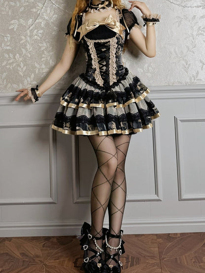 Puff Black Dress Print Gold Kitty Lolita Bunny Corset and Sleeves Short