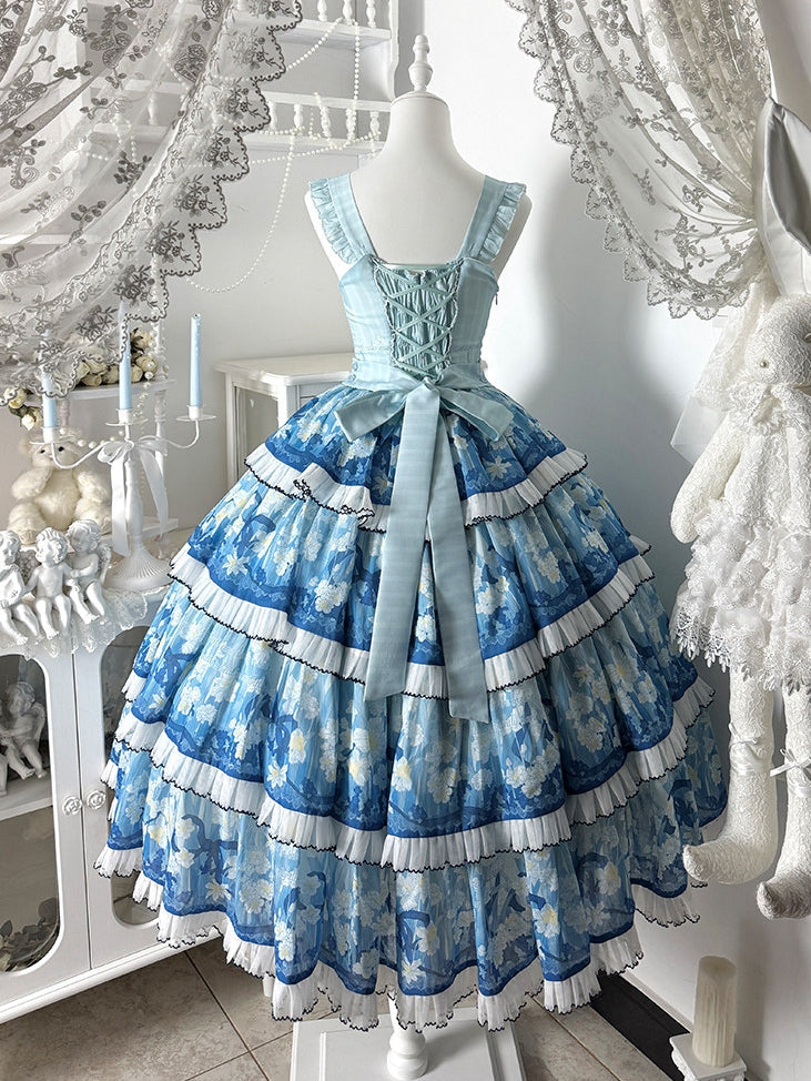 Blue Classic Lolita JSK Dress with Narcissus Print Hem - Flower Ferry Lolita