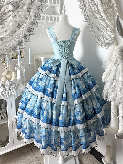 Blue Classic Lolita JSK Dress with Narcissus Print Hem - Flower Ferry Lolita