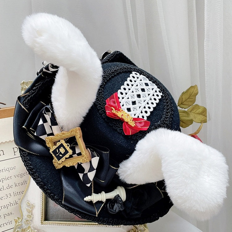 Decorated Ears Hat BlackWhite Bowknot Mini Bunny