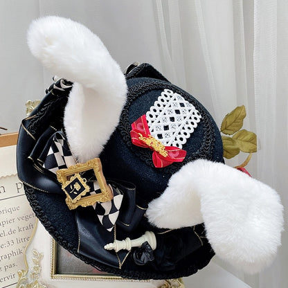 Decorated Ears Hat BlackWhite Bowknot Mini Bunny