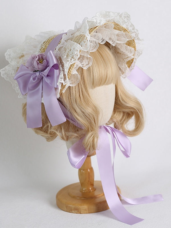 Straw Bowknot Bonnet Lolita Ribbon Colors 7 Lace Country
