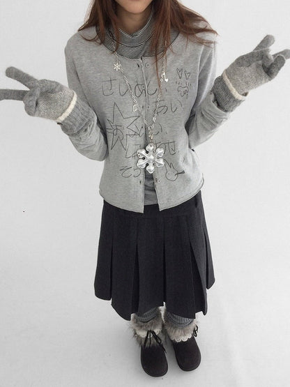 Neck Button Front Print with Cardigan Round - Grey Kawaii Letter Bunny Daily