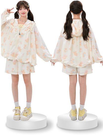 Jacke Hellgelb Niedlicher Bärendruck Sonnenschutz Mit Kapuze