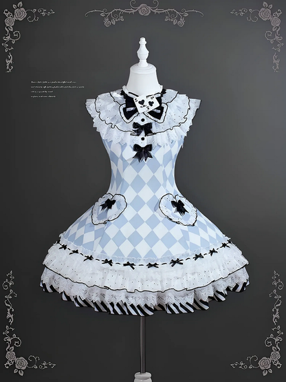 Lolita-Kleid OP Blaues Rautenmuster Süße Alice im Wunderland-Vibes