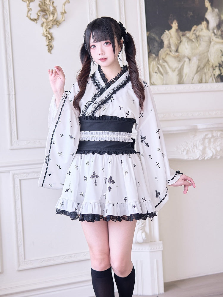 Rock mit hoher Taille, schwarzem Gothic-Kreuz-Print und Spitzenbesatz, Jirai Kei, Weiß