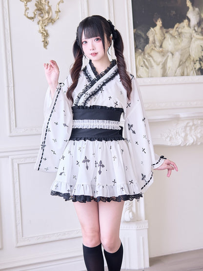 Rock mit hoher Taille, schwarzem Gothic-Kreuz-Print und Spitzenbesatz, Jirai Kei, Weiß