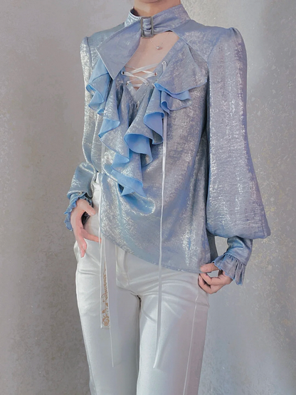 Pirate Light Blue Vibes Lolita with Collar Shirt Sleeves Lace-Up Long and Ouji Buckled