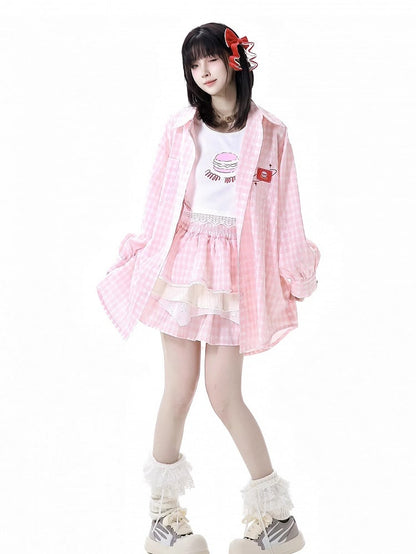 Tiered Skirt Hamburger Theme Pink/Brown Plaid Elastic Waist