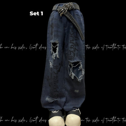 Raw Hem Punk Jeans Blau Distressed Holes