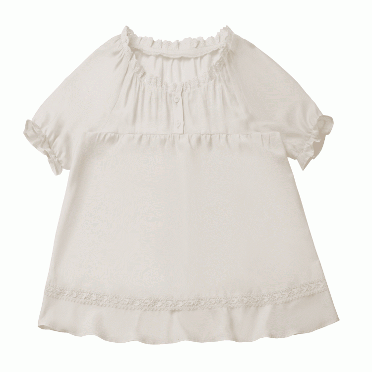 ベージュのレーストリム半袖セミシアーブラウス