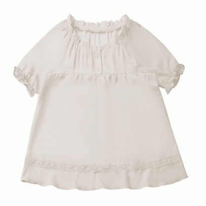 ベージュのレーストリム半袖セミシアーブラウス