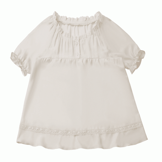 ベージュのレーストリム半袖セミシアーブラウス