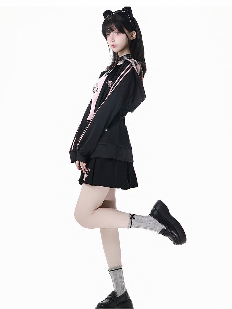 Pink Plaid Hood Black Star Embroidery Sun Protection Jacket