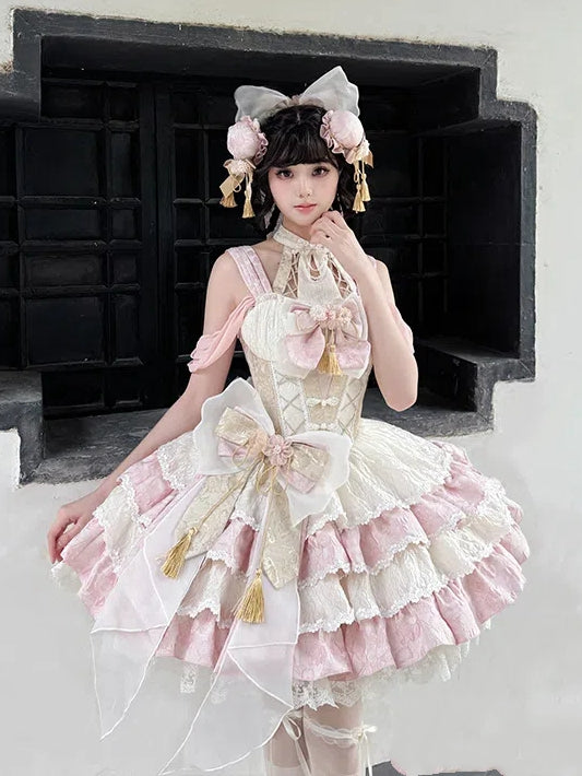 ネックバスクドレス ウエストピンクスカート ホルターティアードQi取り外し可能ロリータ