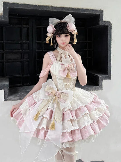 ネックバスクドレス ウエストピンクスカート ホルターティアードQi取り外し可能ロリータ
