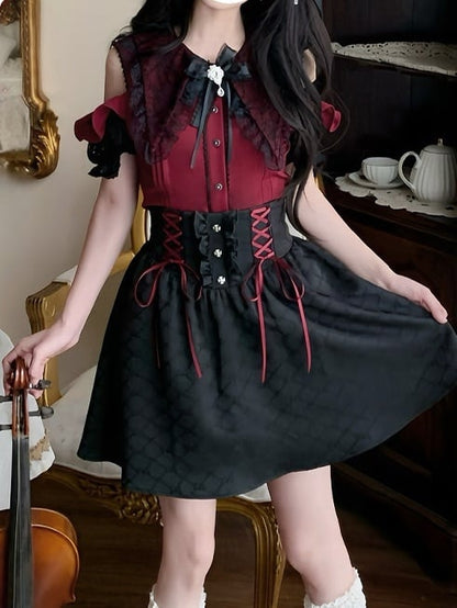 Red Open-Shoulder Set: Kei Blouse Black 3-Piece Bow Skirt Tie and Jirai Contrast High-Waist with