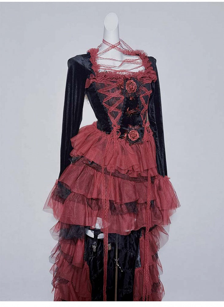 GothicBlack and Red Lace Square Neck Rosette Top