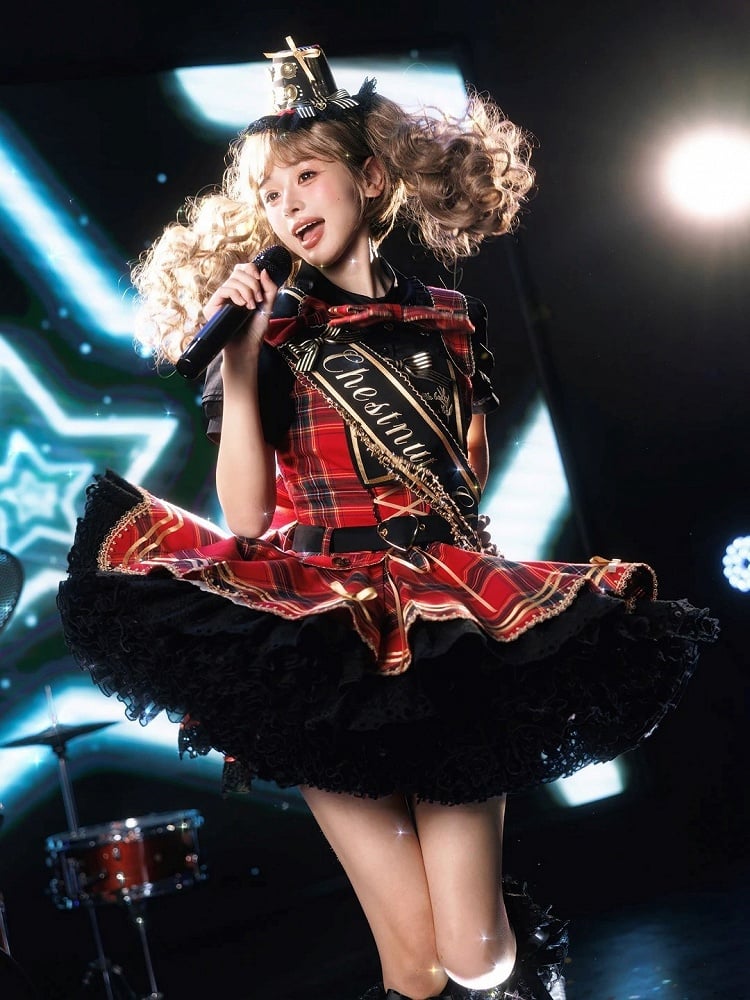 Red Idol Lolita Plaid JSK Dress with Golden Bear Embroidery and Black Scalloped Hem - LiLi Chain