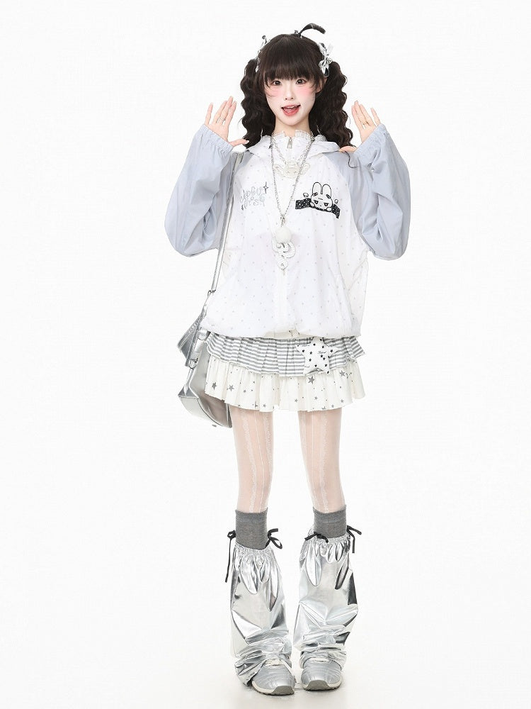 Charming White Rabbit-Ear Hooded UV Coat with Dotted Print