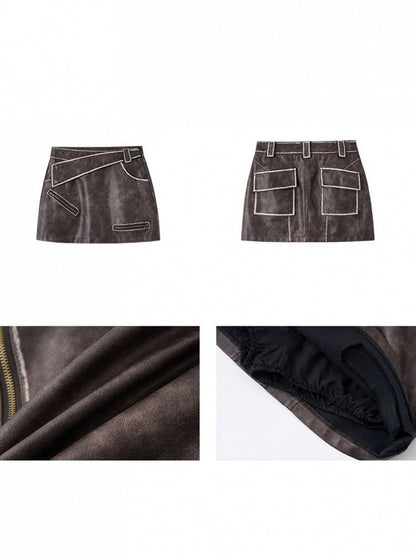 Zippers Flap Vintage Pockets Punk Coffee Skirt PU Asymmetrical Back with Mini