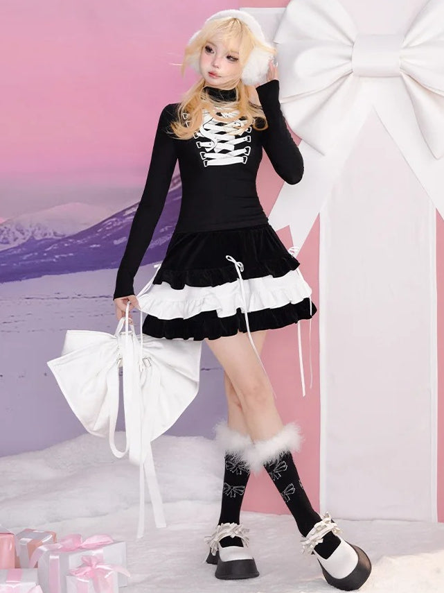 Black Bow Lace-Up Print High Neck Long-Sleeve Top