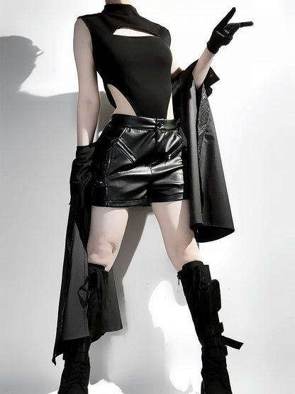- Size XL Shorts Bodysuit Outfit Ouji Jacket Techwear Black Overlong + Exclusive Sleeves Cropped Leather Lolita Futuristic