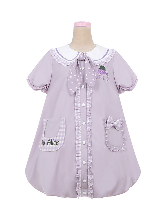Light Purple Peter Pan Collar Puff Sleeve Grape Bubble Skirt Dress