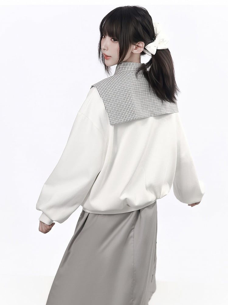 Kawaii White Crewneck Mouse Print Sweatshirt Plaid Shawl Set - PINK SAVIOR