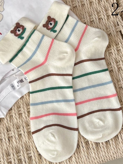 Kitty/Puppy/Bear Pattern Print Colorful Calf Socks Striped 9 Options