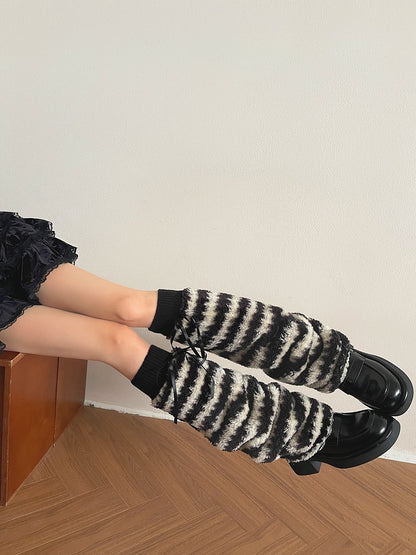Black Bows Warm Fuzzy Pattern Leg Beige Warmers Y2K Striped with