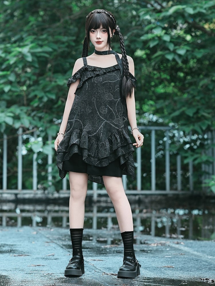 Gothic Black Off-Shoulder Cami Sea Lily Ruffle - Quirky Hut