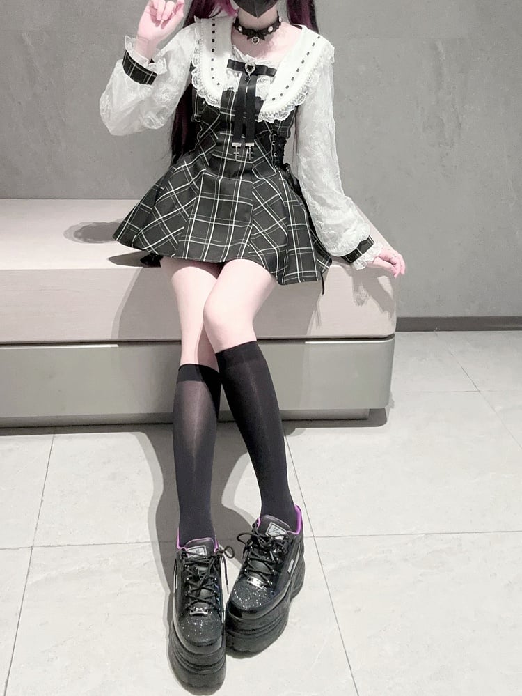 Kei Plaid Set: Matching Black Tie Jirai Shorts with Mini Dress Two-Piece Collar Beaded Waist / Side