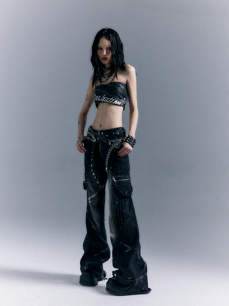 Gewaschene Reißverschluss Flare Schwarz-Grau Nieten Jeans Taschen Punk