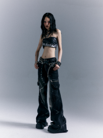 Gewaschene Reißverschluss Flare Schwarz-Grau Nieten Jeans Taschen Punk