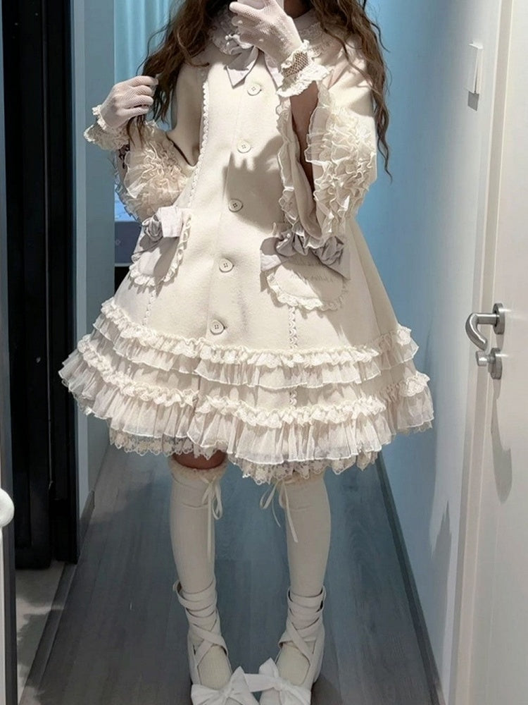 Ruffled Accents Lace Bow Details Sweet and Winter Lolita Coat Beige with