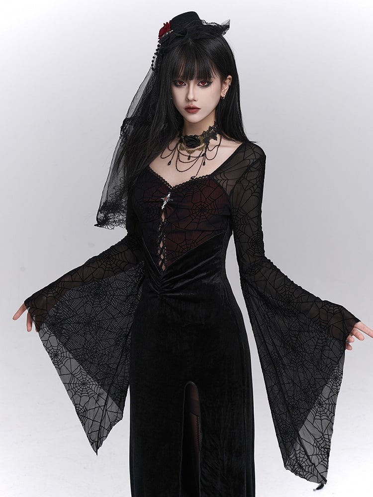 with Thigh-High Black Halloween Gothic Sleeves Bell Spiderweb Red Slit Dress