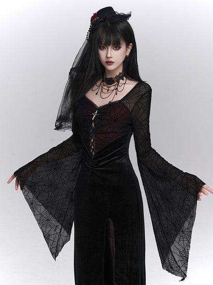 with Thigh-High Black Halloween Gothic Sleeves Bell Spiderweb Red Slit Dress