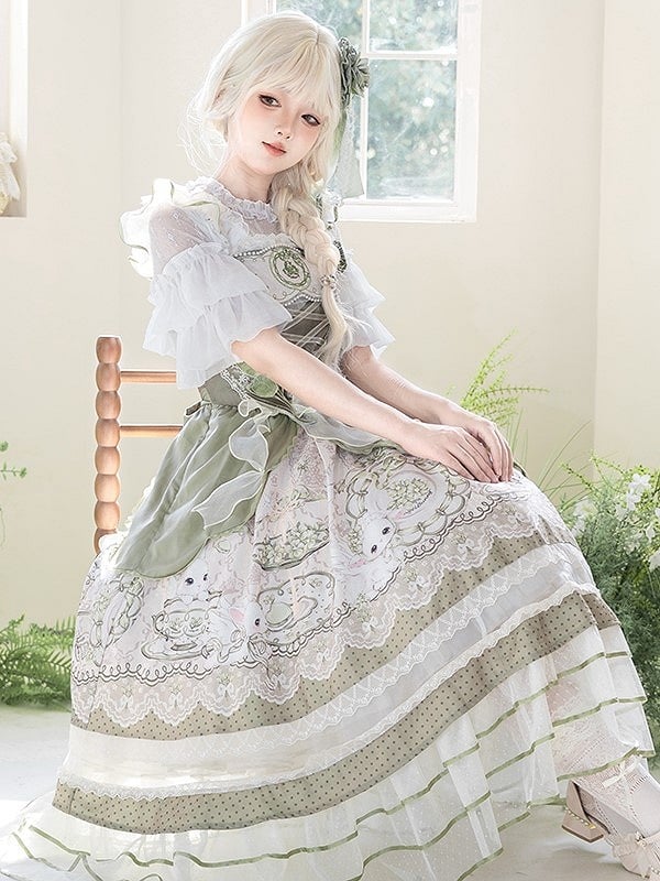 Dress Green with Trimmings Print and Layered Rabbit Country Teacup Lace Lolita